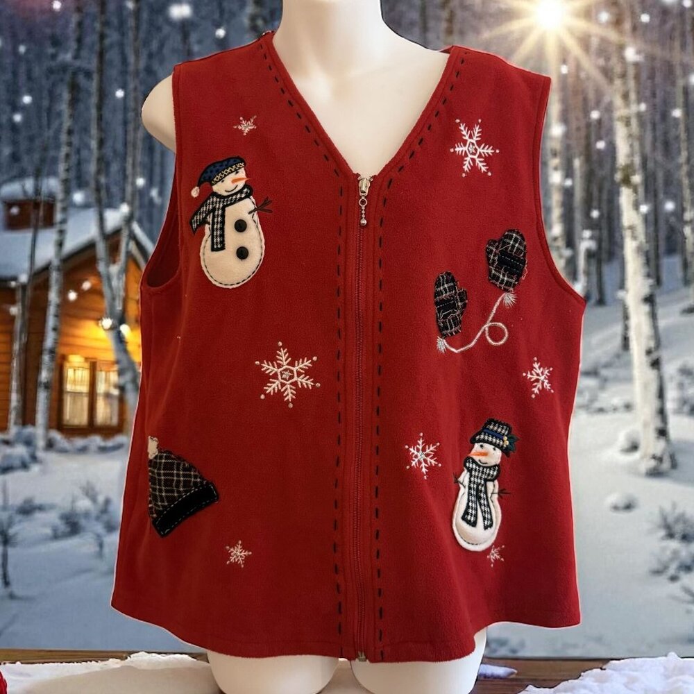 VINTAGE Red Fleece Snowman Christmas Vest Embroidered Zip Front Size Large - Picture 1 of 8